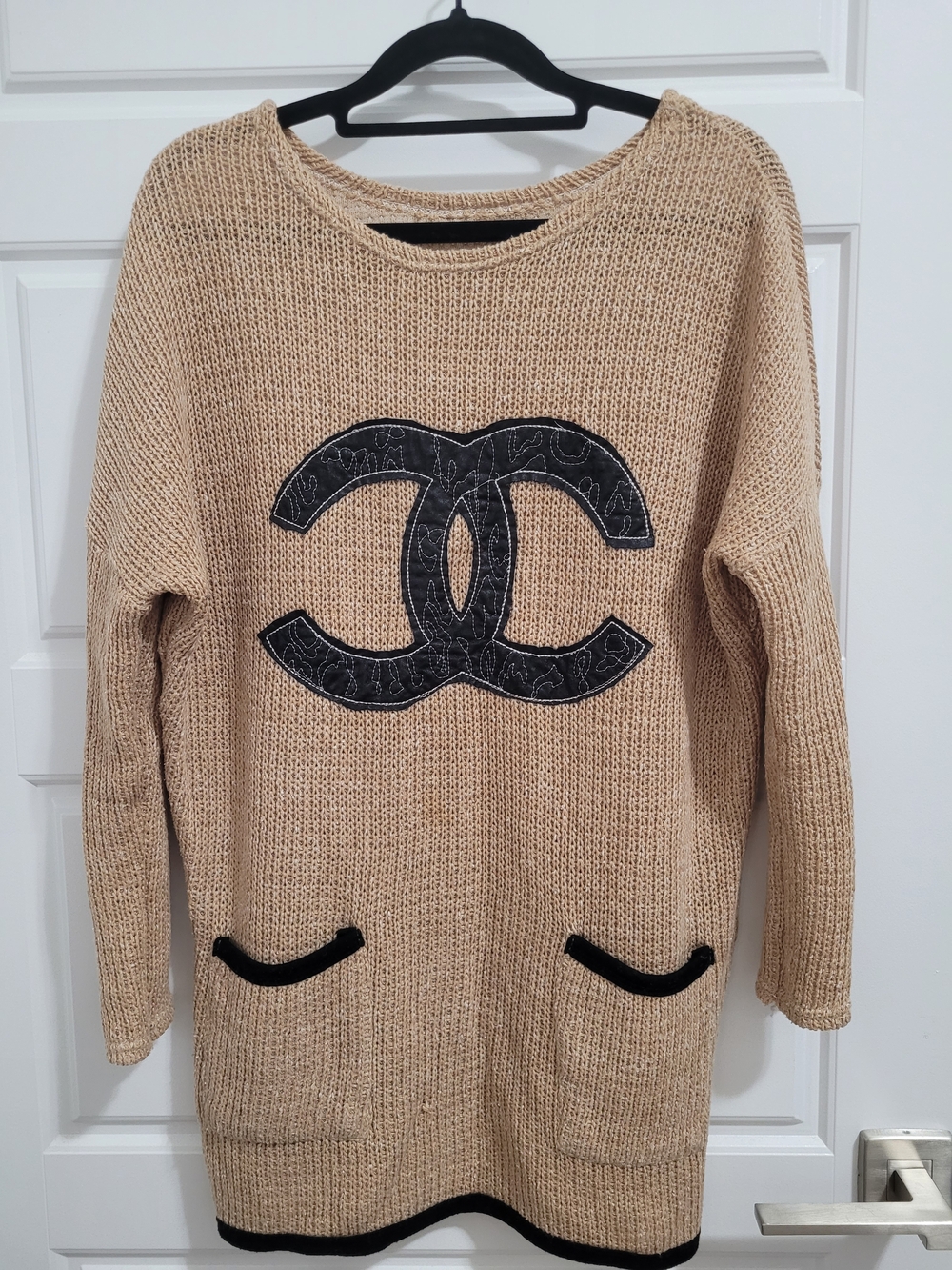 Source Unknown Beige Knit Sweater Dress with Black Logo and Trim